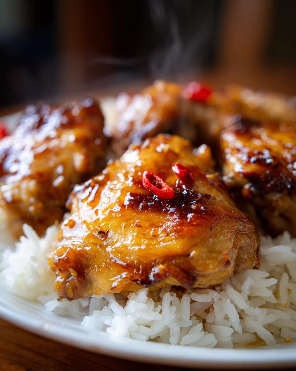 Close-up of steaming Honey Garlic Chicken Thighs served over fluffy white rice, garnished with chili slices.