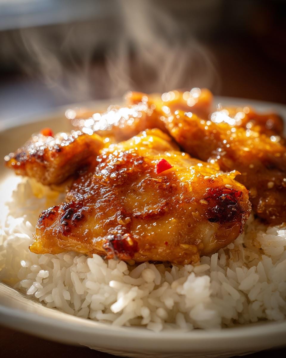Close-up of steaming Honey Garlic Chicken Thighs served over fluffy white rice, garnished with red chili flakes.