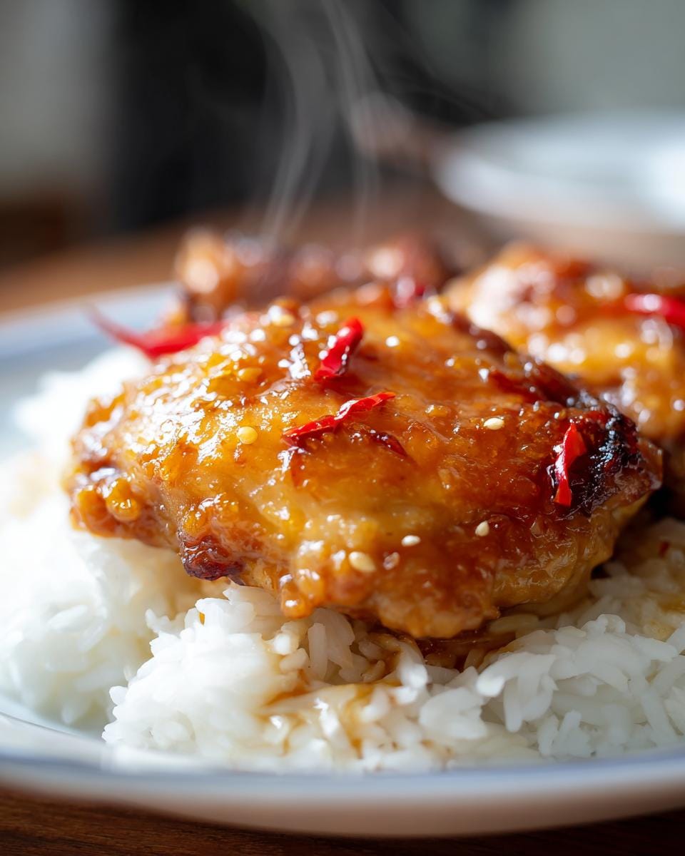 Close-up of steaming Honey Garlic Chicken Thighs served over fluffy white rice, garnished with red chili flakes.