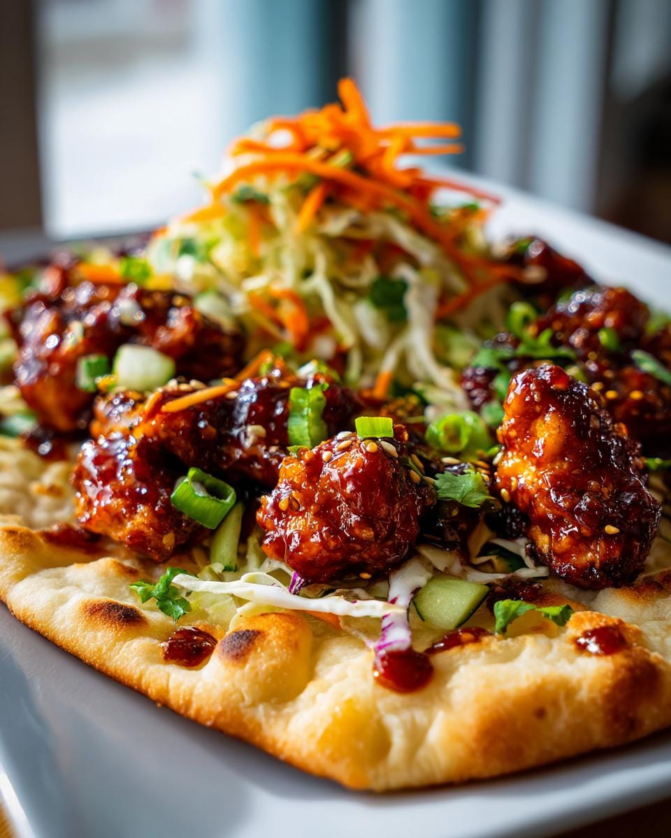 Close-up of Honey Garlic Naan Chicken Tacos with glazed chicken, slaw, and sesame seeds.