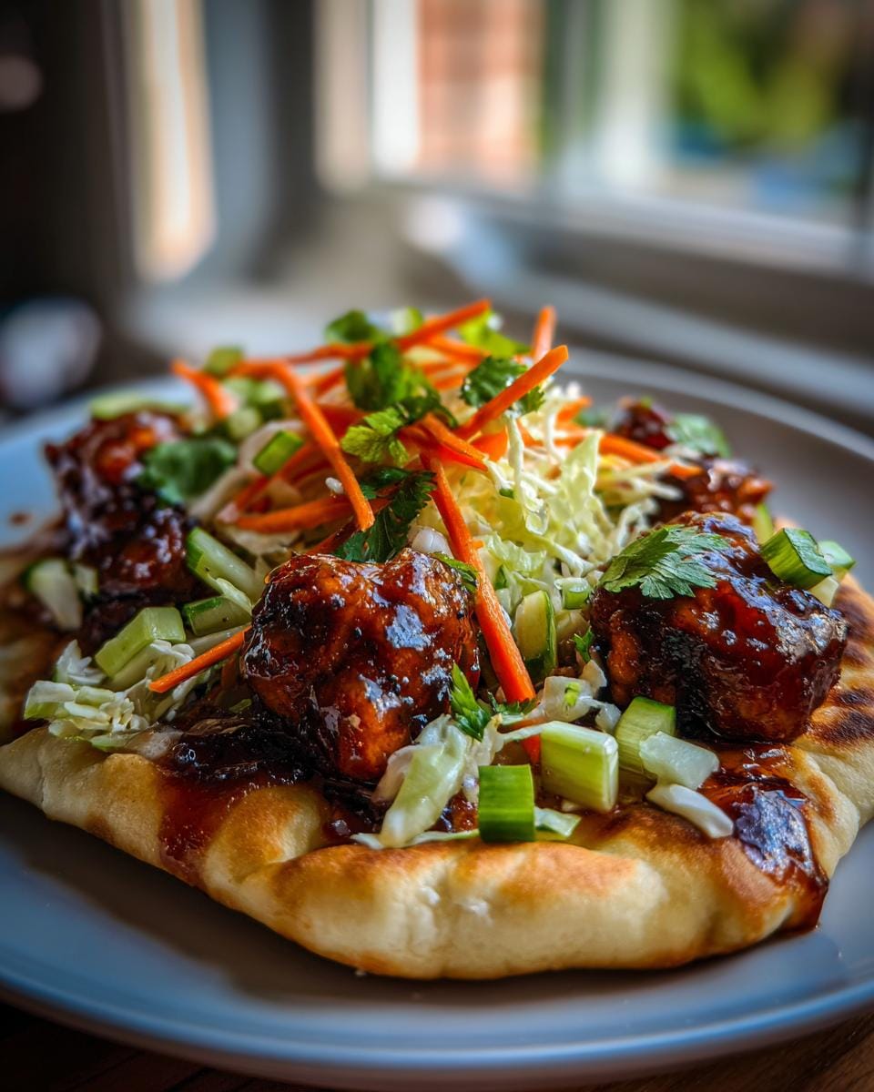 Close-up of Honey Garlic Naan Chicken Tacos topping with glazed chicken, shredded cabbage, carrots, and cilantro.