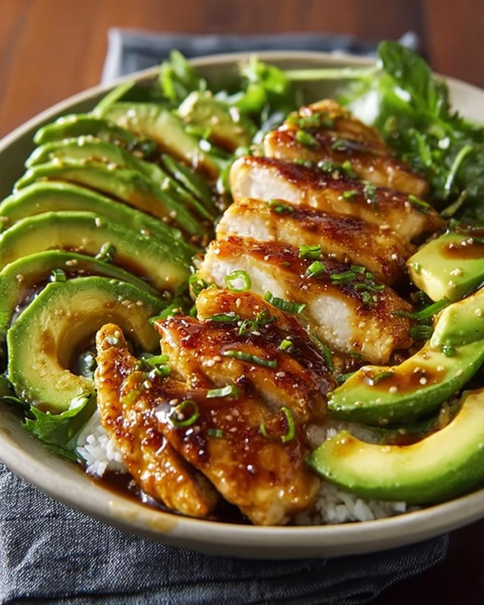 A delicious bowl of Honey Lime Chicken with Avocado, served over rice and greens, drizzled with sauce.
