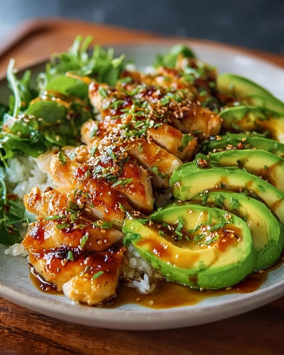 Close-up of Honey Lime Chicken with Avocado served over rice, garnished with sesame seeds and chives.