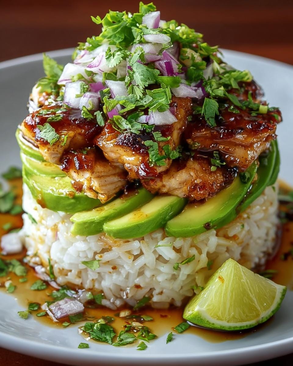 A delicious Honey Lime Chicken Avocado Rice Stack topped with red onion and cilantro, served with a lime wedge.