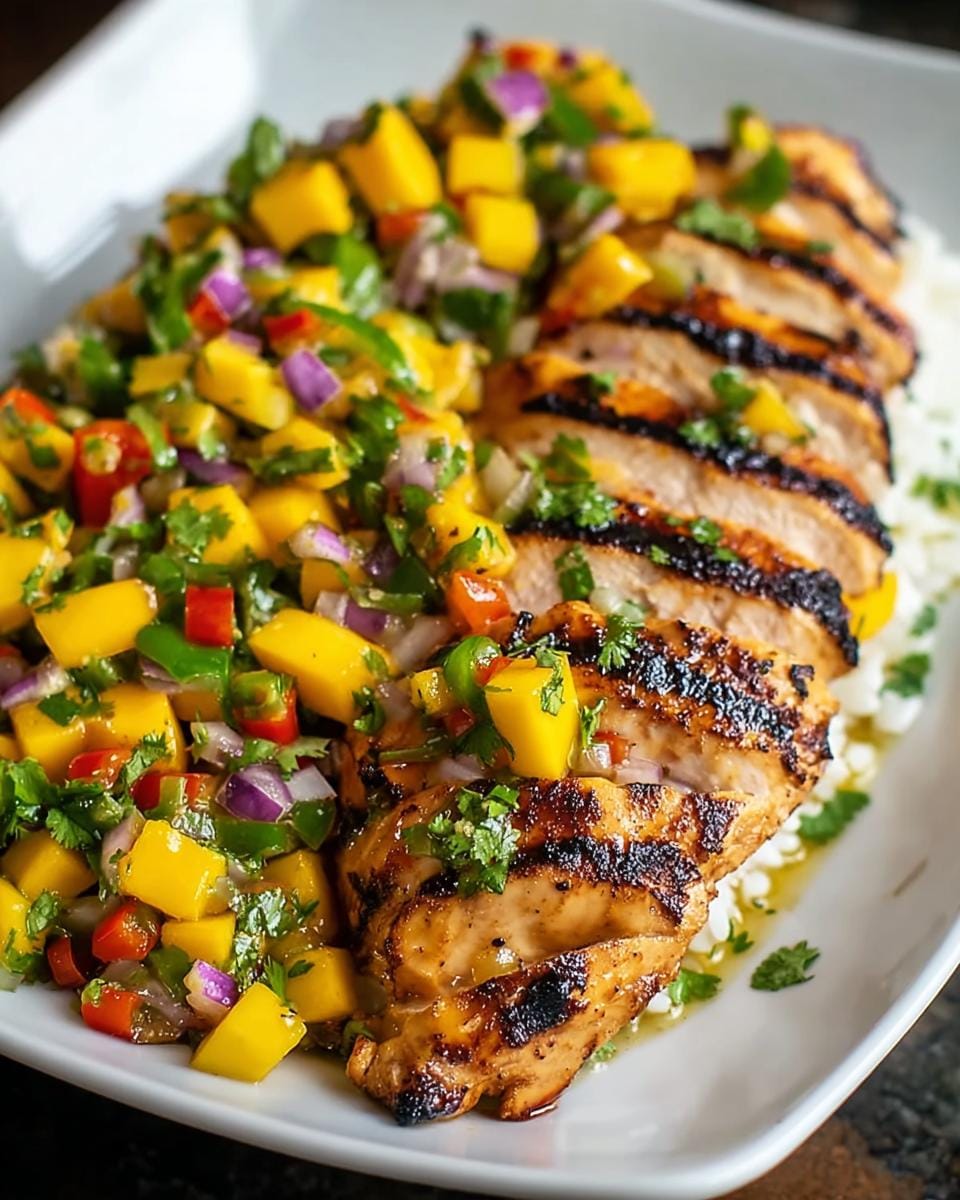 Close-up of sliced Honey Lime Chicken with Fresh Mango Salsa served over rice.