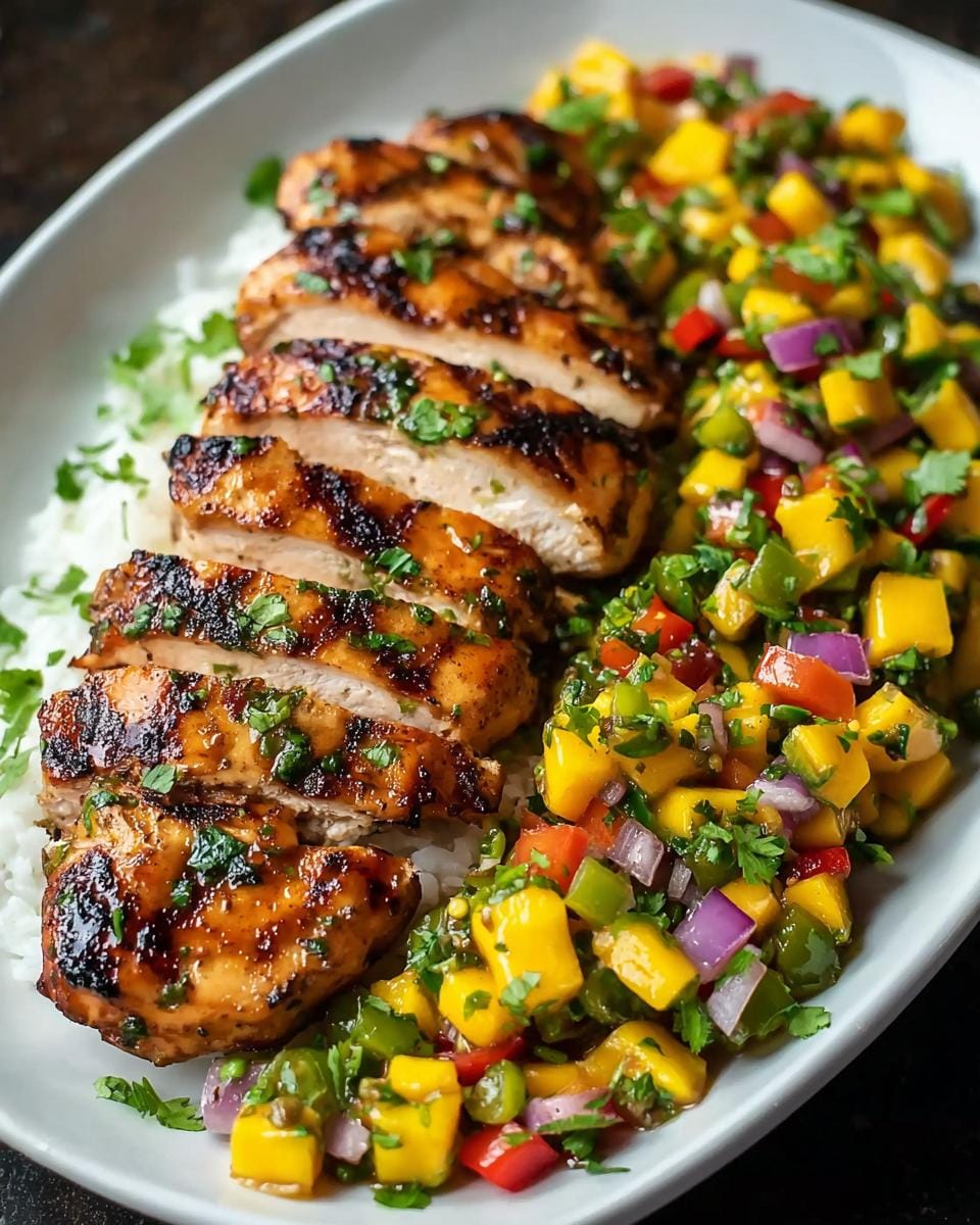 Sliced Honey Lime Chicken served over white rice with a vibrant Fresh Mango Salsa.