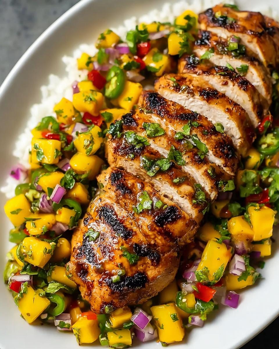 Close-up of sliced Honey Lime Chicken served with a vibrant Fresh Mango Salsa and rice.