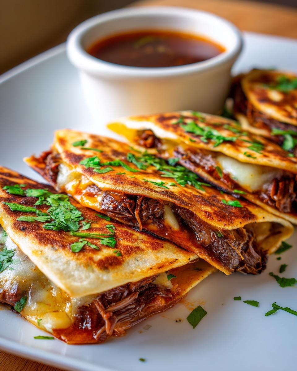 Close-up of crispy Instant Pot Birria Tacos filled with shredded beef and cheese, garnished with cilantro, served with a side of consommé.