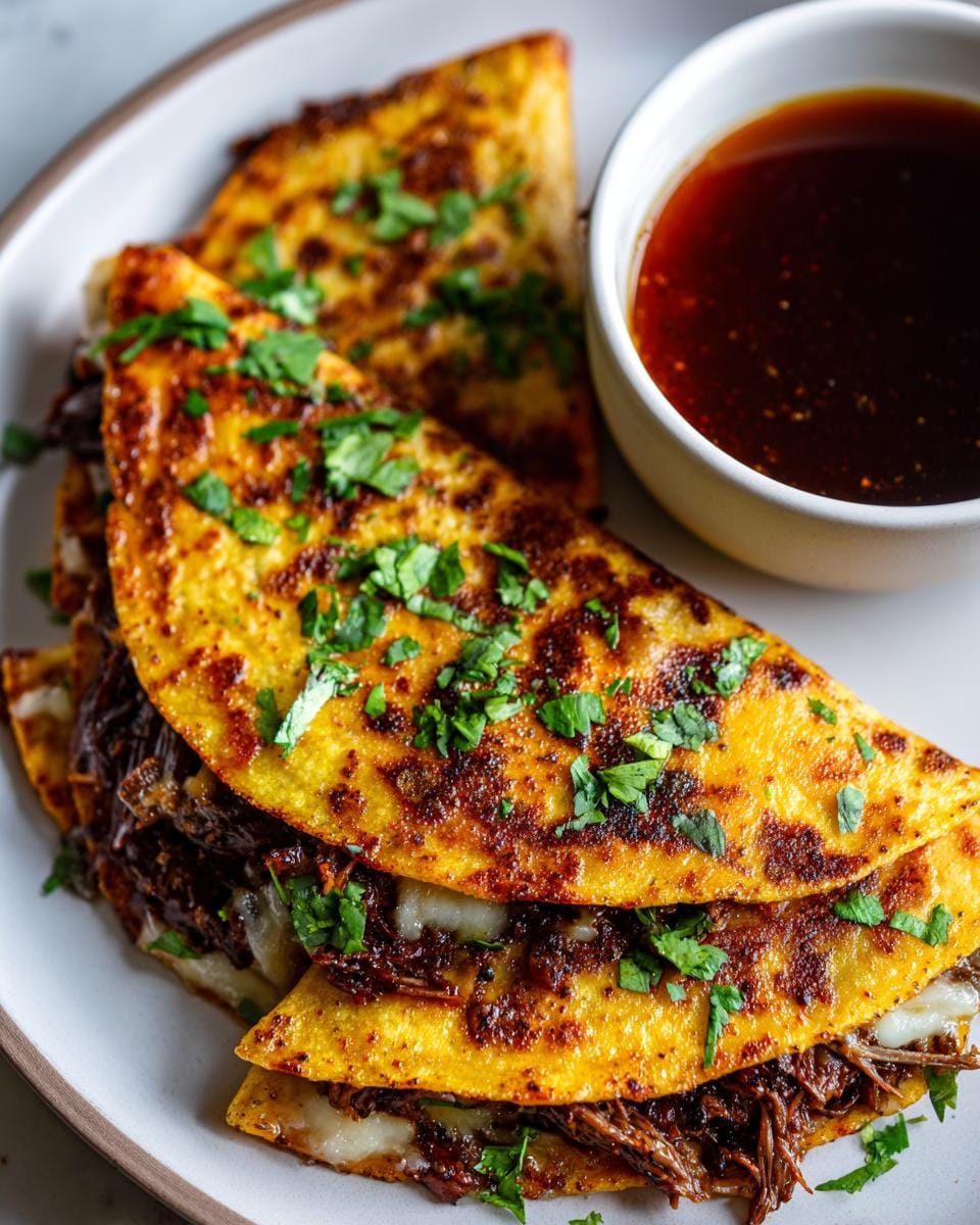 Close-up of crispy Instant Pot Birria Tacos filled with shredded beef and cheese, garnished with cilantro, served with a side of consommé.