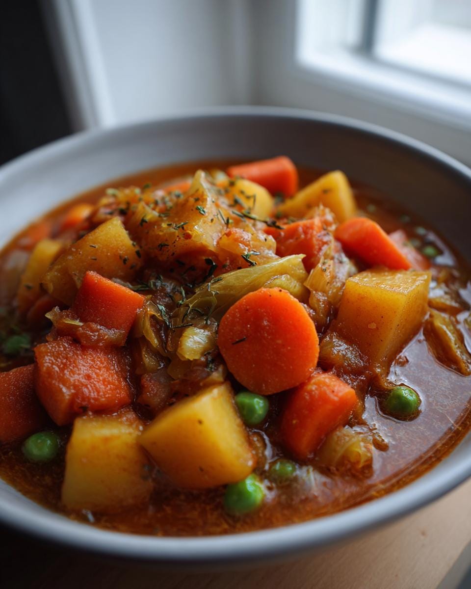 Close-up of a bowl of hearty Irish Veggie Stew with potatoes, carrots, peas, and cabbage.