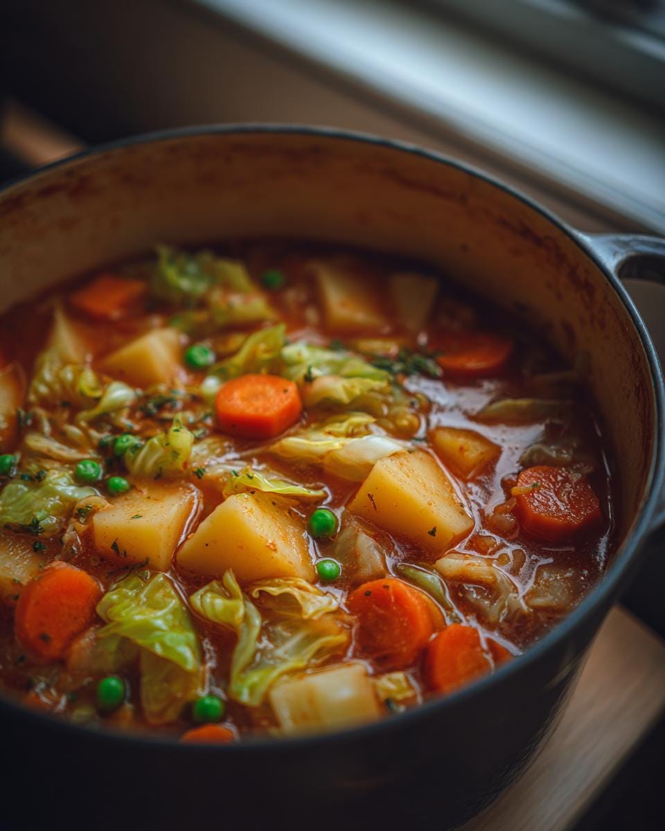Close-up of a pot filled with hearty Irish Veggie Stew, featuring potatoes, carrots, cabbage, and peas.