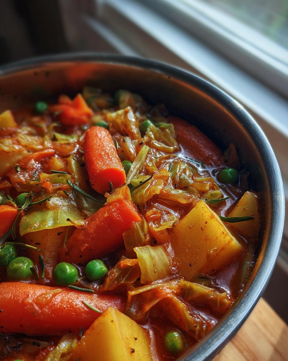 Close-up of a steaming pot of Irish Veggie Stew, featuring carrots, potatoes, peas, and cabbage in a rich broth.