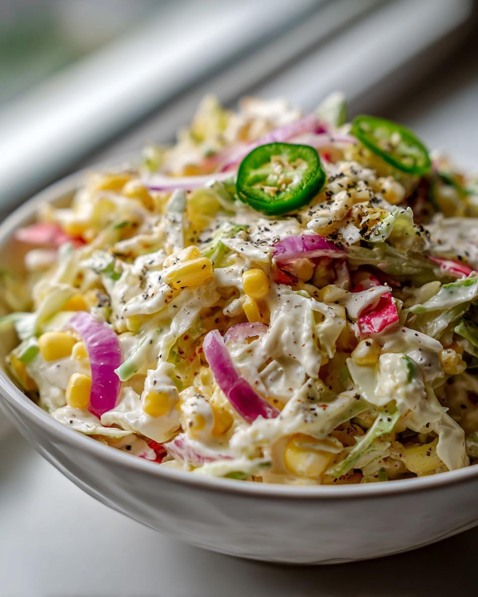 A close-up of a bowl filled with creamy Jalapeno Corn Coleslaw, topped with sliced jalapenos and red onion.