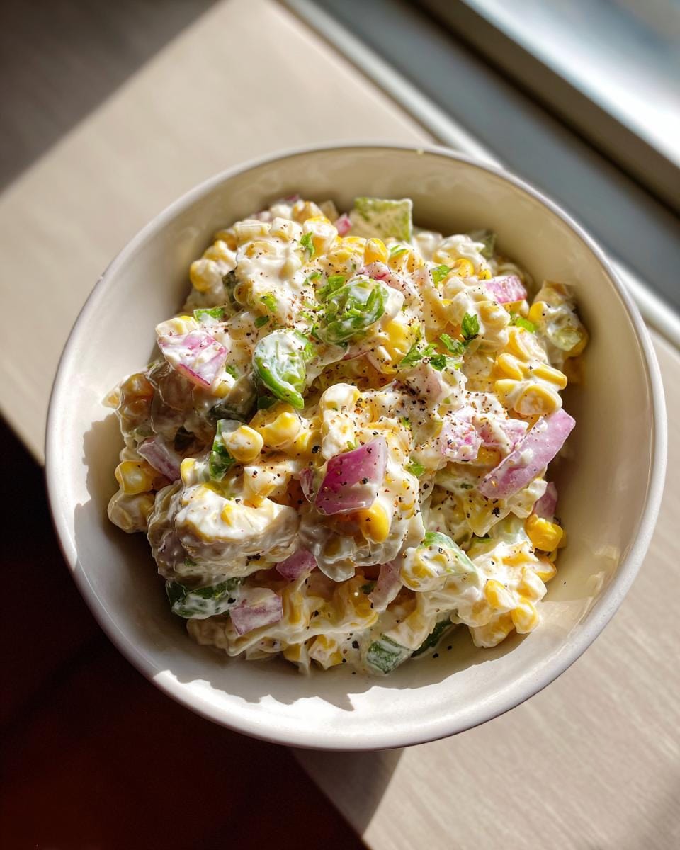 A close-up of a bowl filled with creamy Jalapeno Corn Coleslaw, featuring corn, red onion, jalapenos, and a creamy dressing.