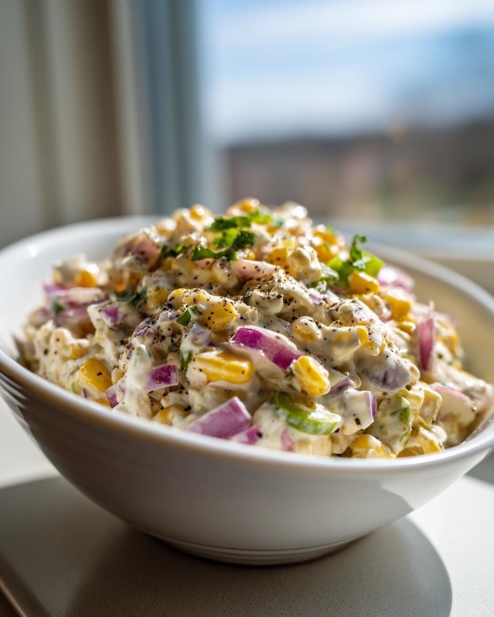 A close-up of a white bowl filled with creamy Jalapeno Corn Coleslaw, featuring corn, red onion, and jalapenos.