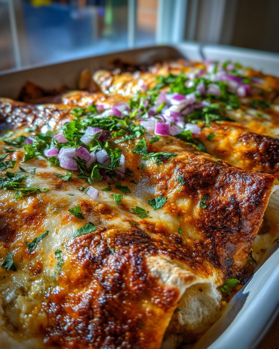 Close-up of baked Jalapeño Cream Cheese Chicken Enchiladas topped with melted cheese, cilantro, and red onion.