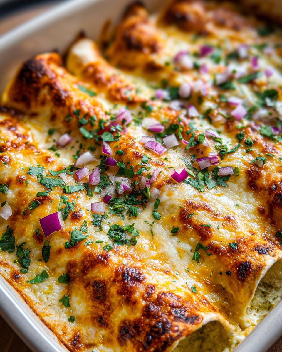 Close-up of baked Jalapeño Cream Cheese Chicken Enchiladas topped with melted cheese and red onion.