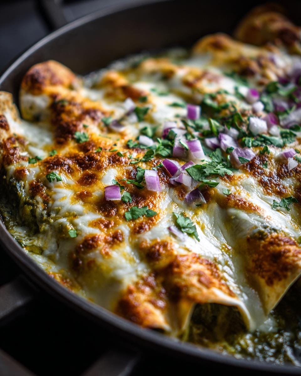 Close-up of baked Jalapeño Cream Cheese Chicken Enchiladas topped with melted cheese and diced red onion.