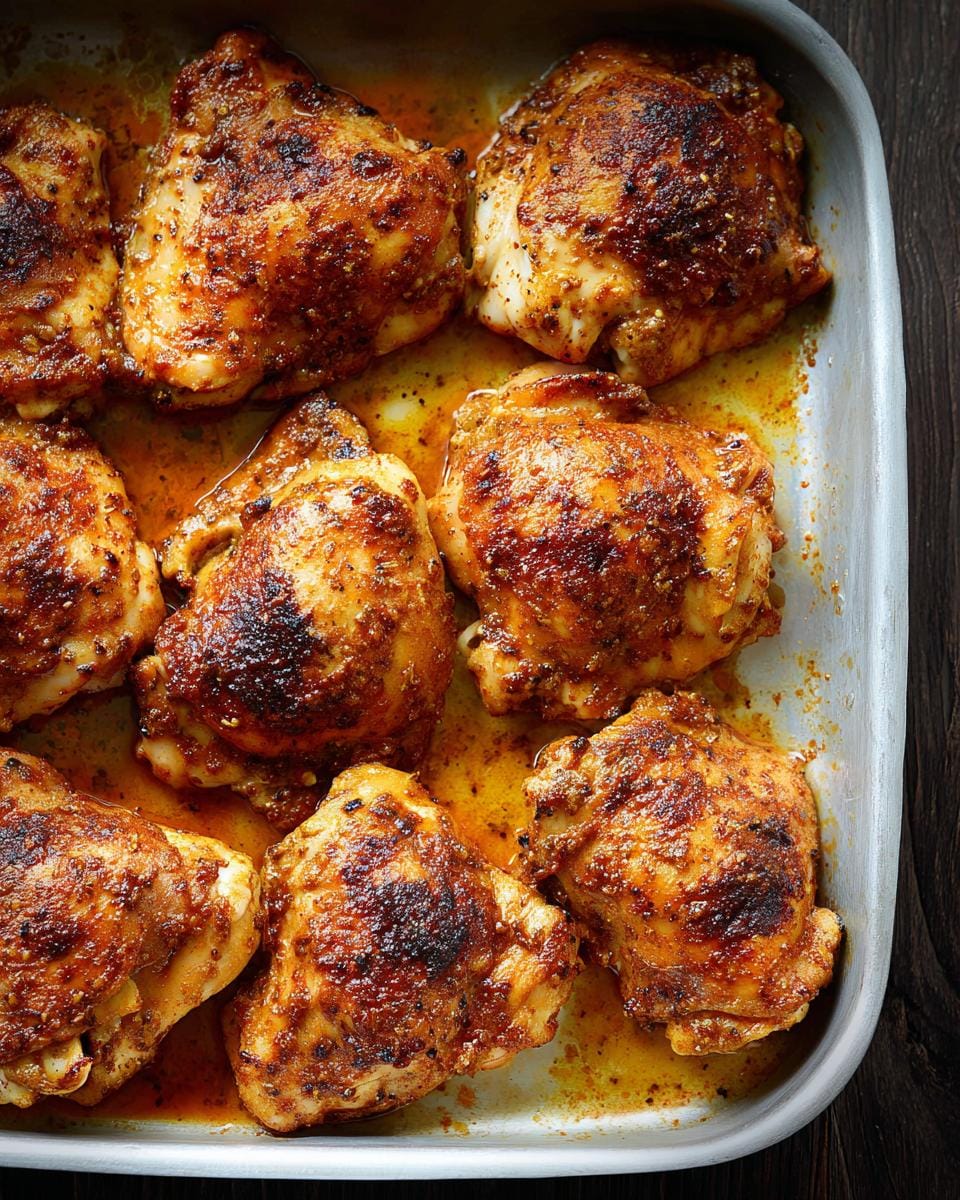 Close-up of juicy baked boneless chicken thighs in a baking pan, seasoned with spices.