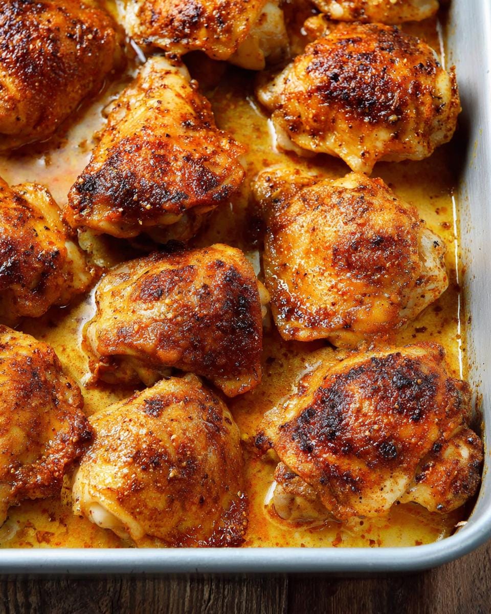 Close-up of juicy baked boneless chicken thighs seasoned with spices in a baking dish.