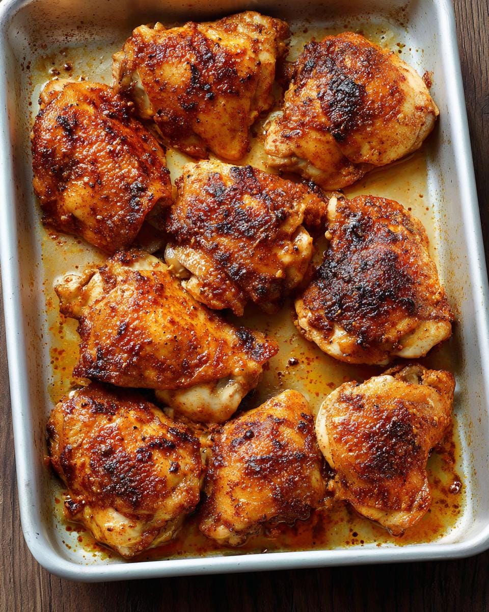 A close-up overhead view of perfectly baked boneless chicken thighs, glistening and browned in a baking dish.