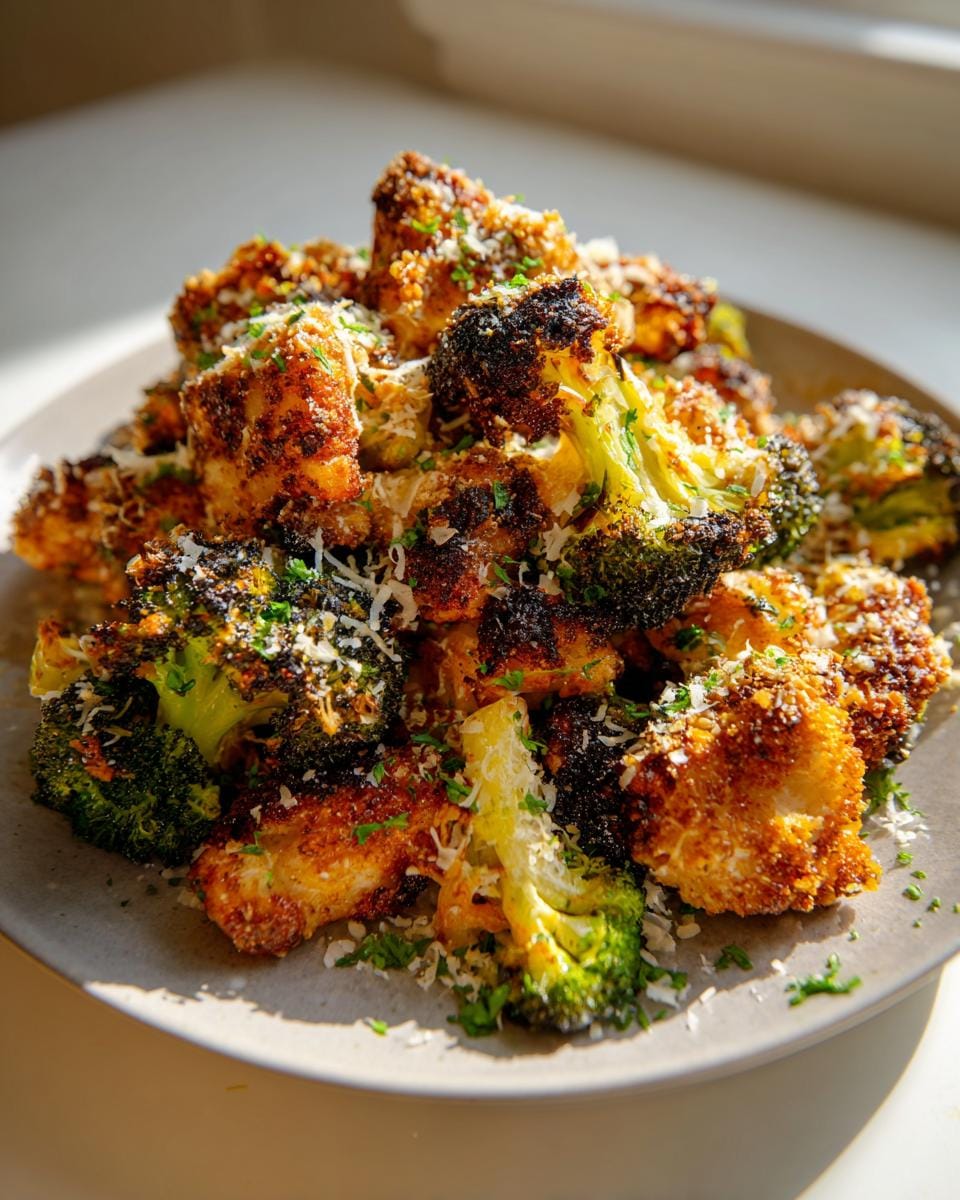 A close-up of crispy Keto Air Fryer Chicken and Broccoli, seasoned and topped with grated cheese and parsley.