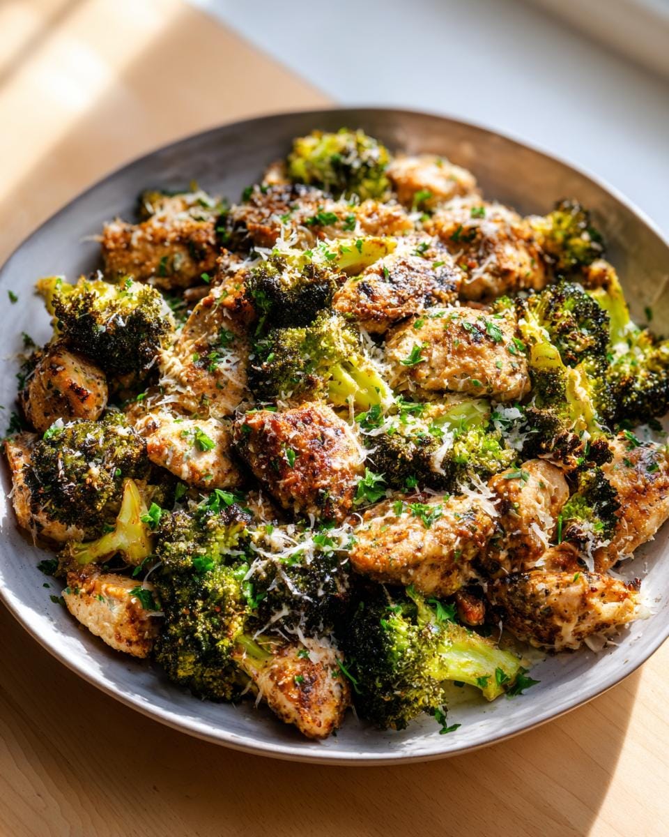 A close-up of Keto Air Fryer Chicken and Broccoli, seasoned and topped with shredded cheese and parsley.