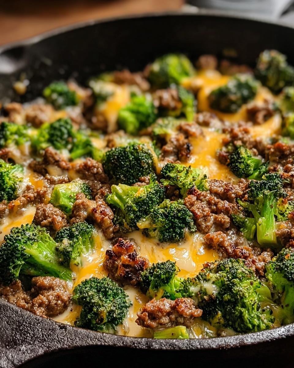 Close-up of a Keto Hamburger Broccoli Skillet with browned ground beef and bright green broccoli florets topped with melted cheddar cheese.