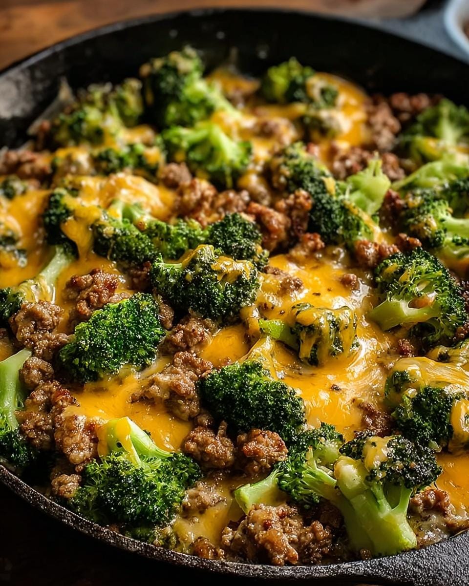Close-up of a Keto Hamburger Broccoli Skillet, featuring seasoned ground beef and vibrant broccoli florets topped with melted cheddar cheese.