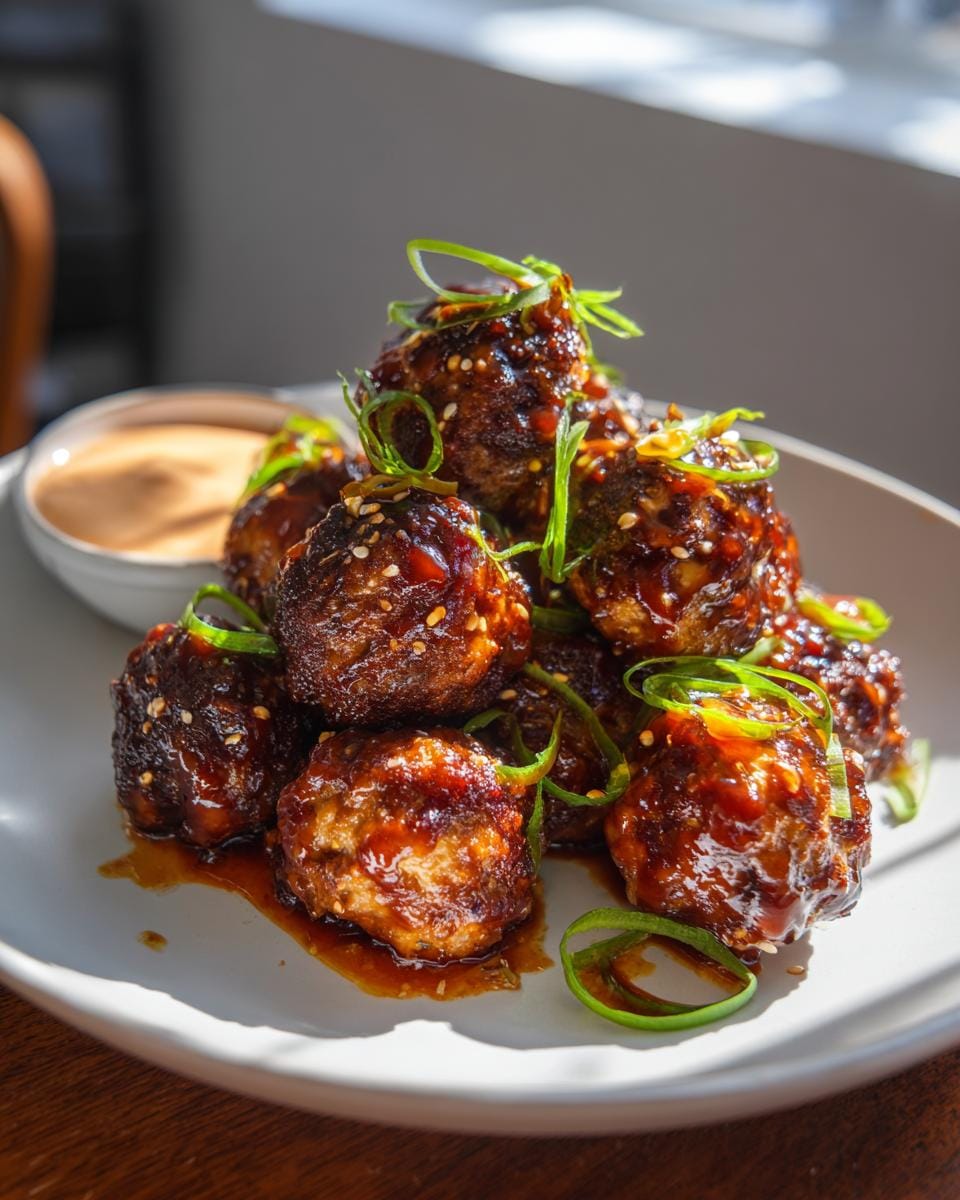 A close-up of a pile of glistening Korean BBQ Meatballs, coated in a rich sauce and topped with sesame seeds and green onions.