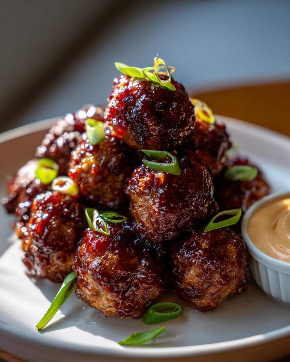 A pile of glossy Korean BBQ Meatballs, glazed with a dark sauce and topped with fresh green onions.