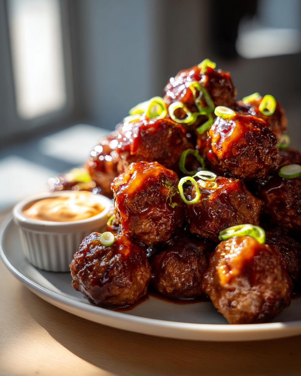 A pile of glossy Korean BBQ Meatballs, glazed with sauce and topped with chopped green onions, served with a side of dipping sauce.