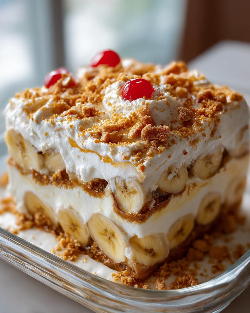 A delicious slice of layered Banana Pudding dessert with fresh bananas, whipped cream, and crushed cookies.
