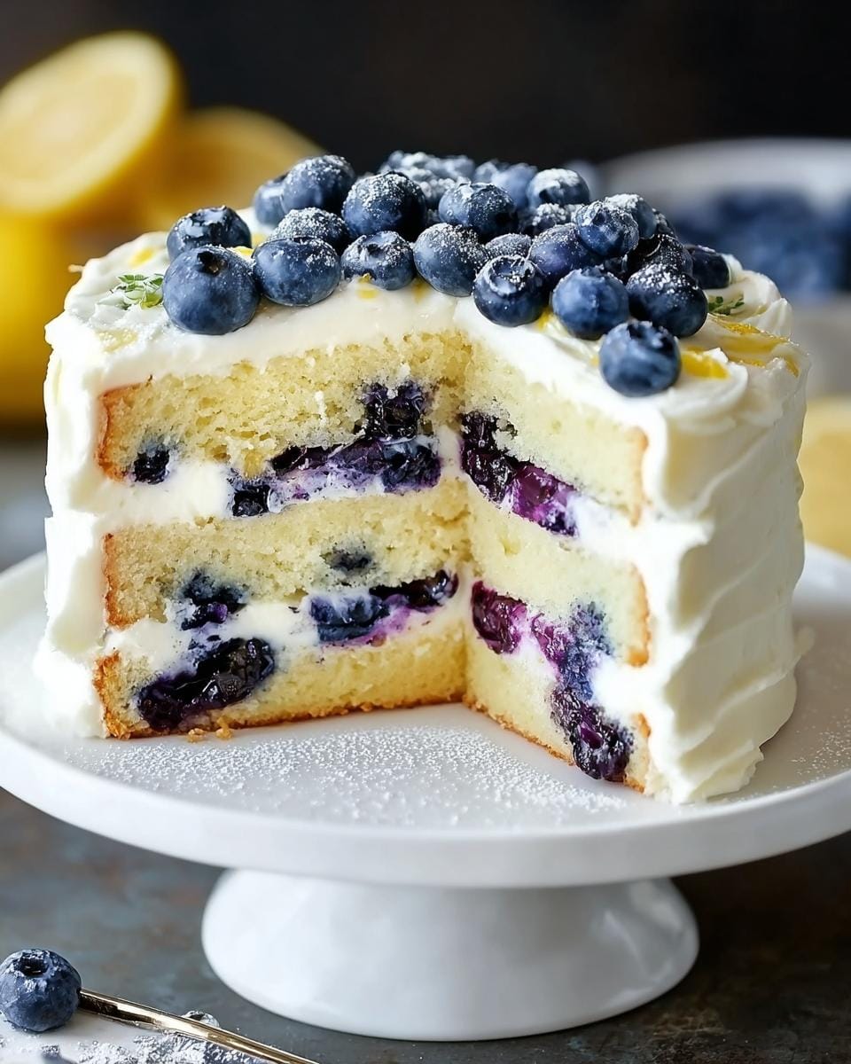 A slice of moist Lemon Blueberry Cake with Creamy Frosting, revealing layers of cake, frosting, and fresh blueberries.
