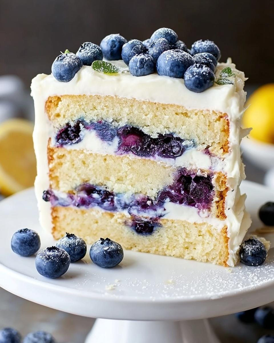 A slice of delicious Lemon Blueberry Cake with Creamy Frosting, layered with blueberries and white frosting, topped with fresh blueberries.