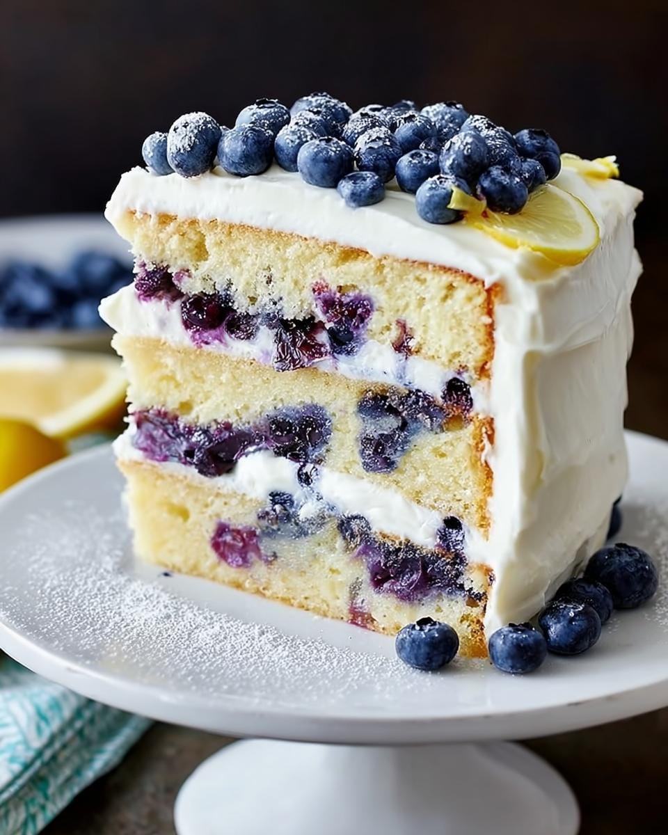 A slice of delicious Lemon Blueberry Cake with Creamy Frosting, topped with fresh blueberries and a lemon slice.
