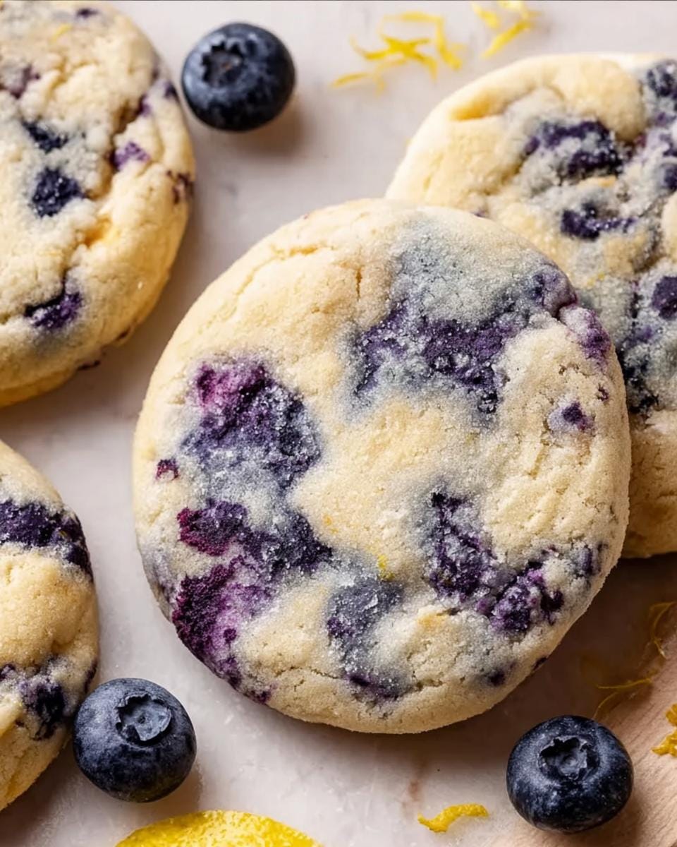 Close-up of delicious Lemon Blueberry Cheesecake Cookies, featuring plump blueberries and zesty lemon peel.