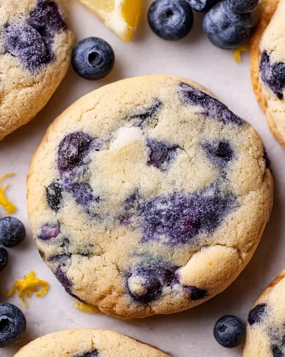 Close-up of a delicious Lemon Blueberry Cheesecake Cookie, studded with blueberries and white chocolate chips, surrounded by fresh blueberries and lemon zest.