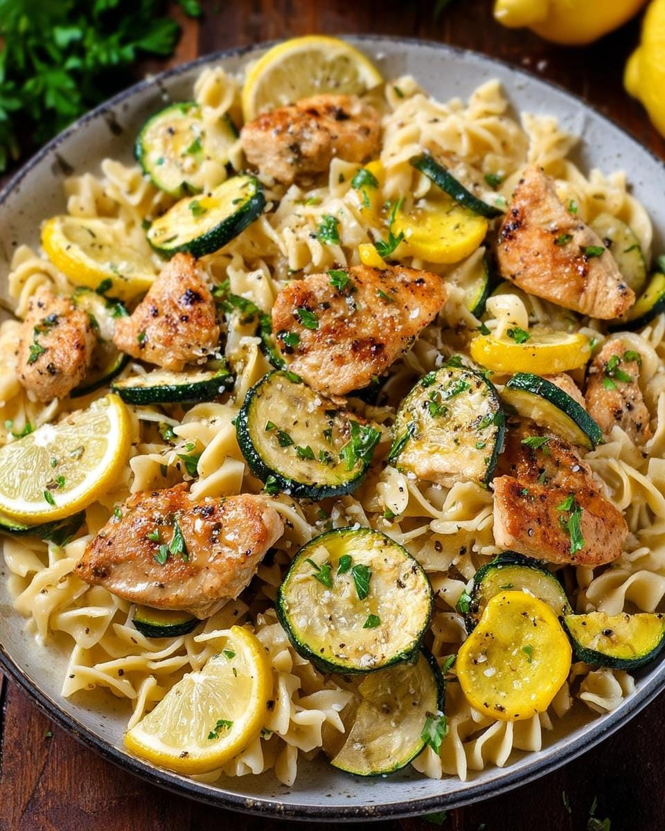 Close-up of Lemon Chicken Pasta with Zucchini, featuring grilled chicken pieces, sliced zucchini, and lemon wedges tossed with pasta.
