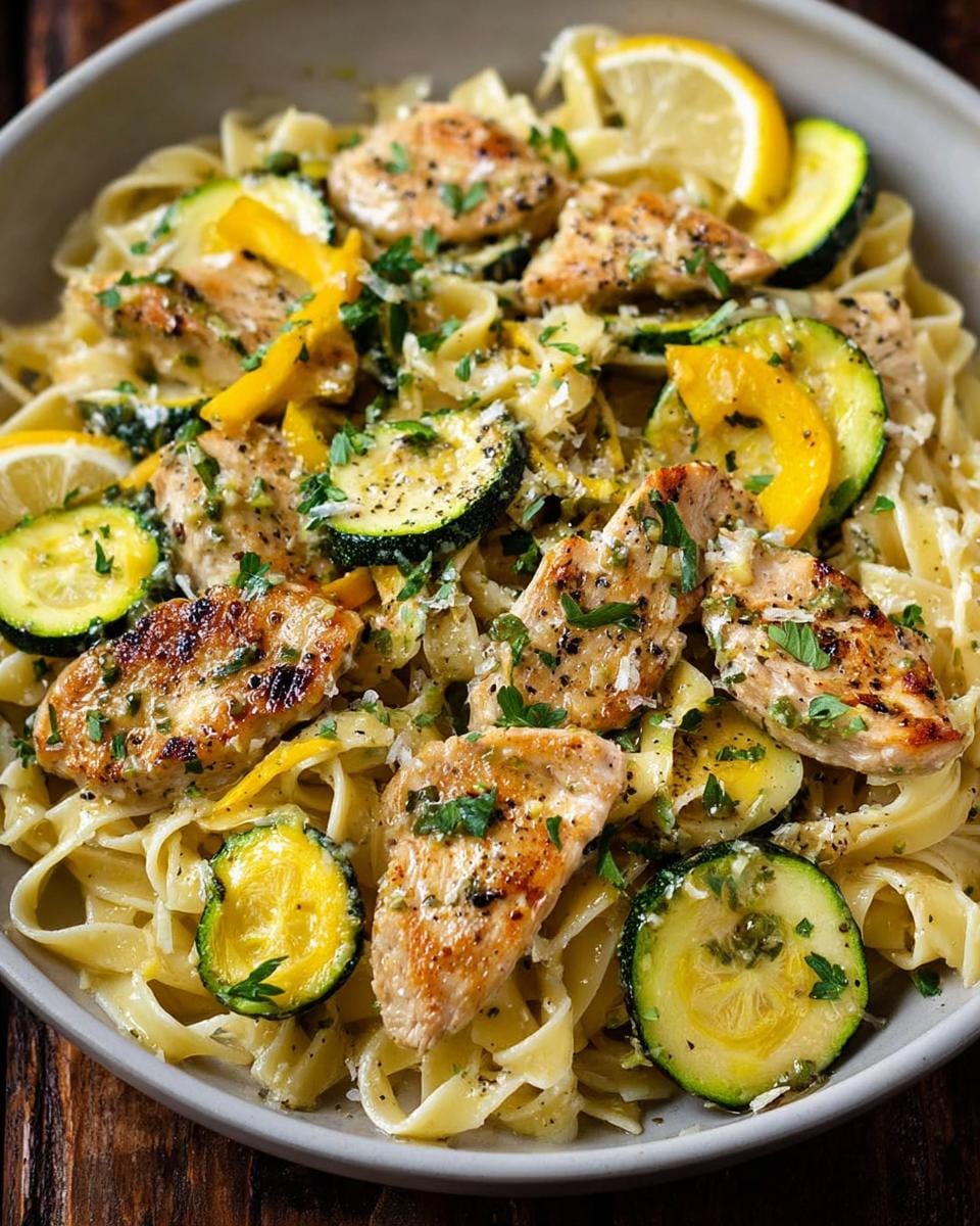Close-up of Lemon Chicken Pasta with Zucchini, featuring grilled chicken, pasta, zucchini slices, and lemon wedges.
