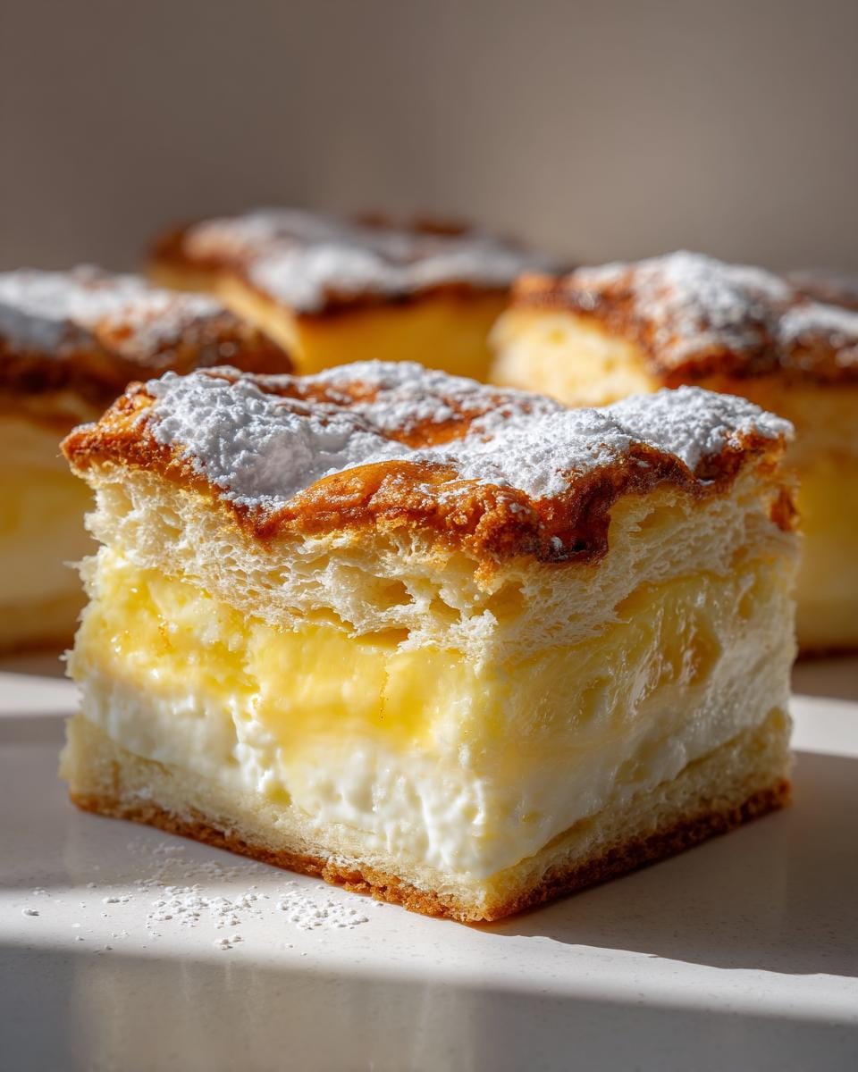Close-up of a slice of lemon custard cake, showing layers of pastry, creamy custard, and whipped cream, dusted with powdered sugar.