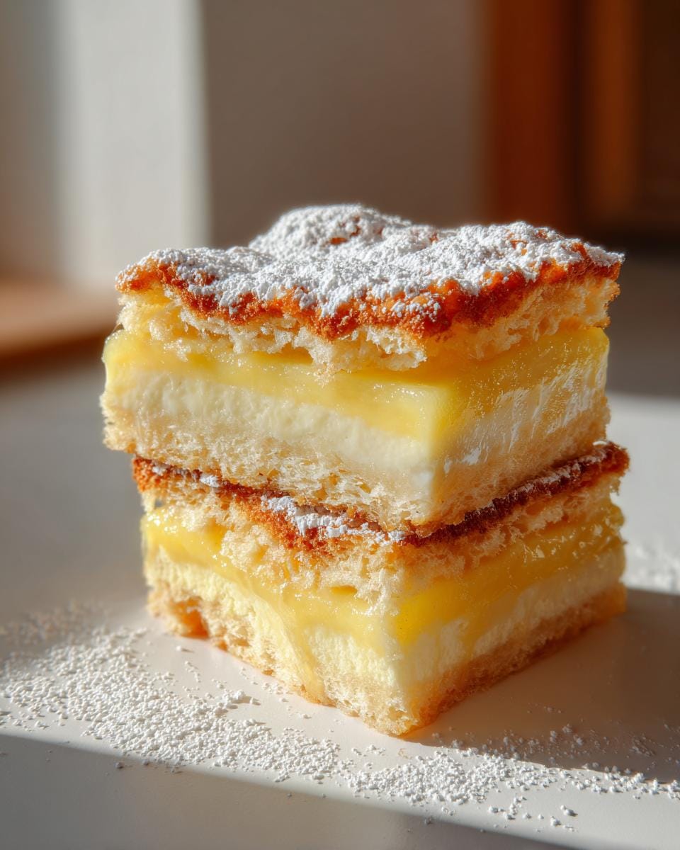 Two slices of lemon custard cake stacked, dusted with powdered sugar.