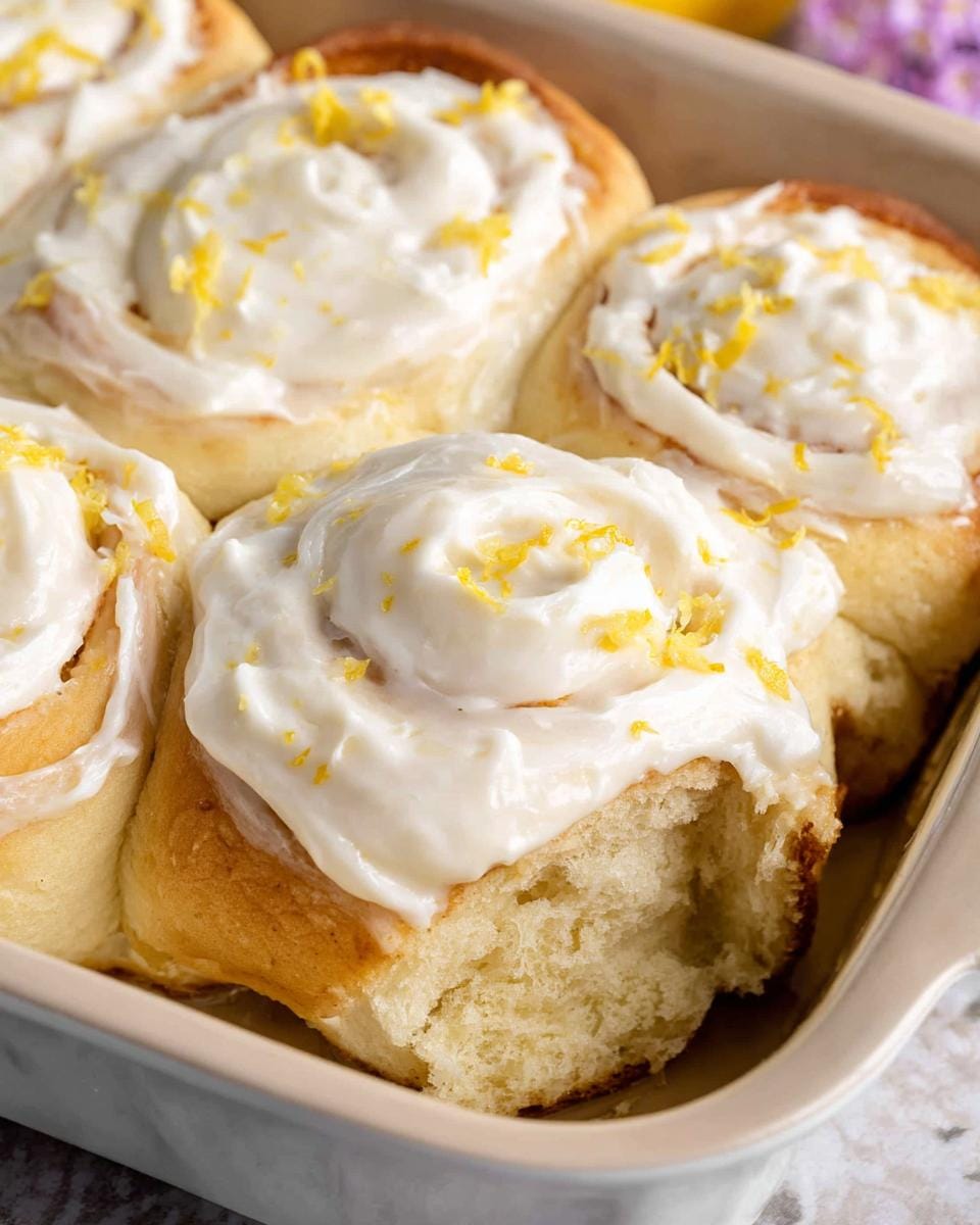 Close-up of soft fluffy lemon rolls topped with cream cheese frosting and lemon zest in a baking dish.