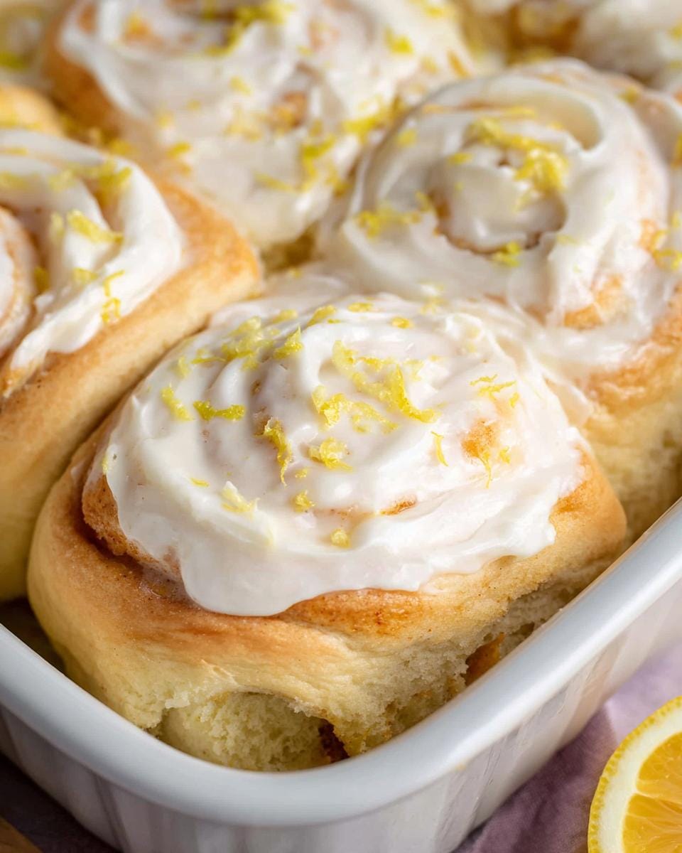 Close-up of soft fluffy lemon rolls topped with cream cheese frosting and lemon zest.