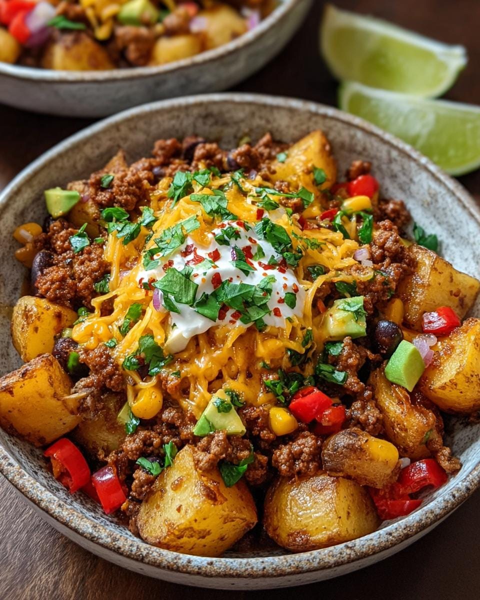 Close-up of Loaded Southwest Potato Bowls with crispy potatoes, seasoned ground beef, corn, avocado, cheese, and sour cream.