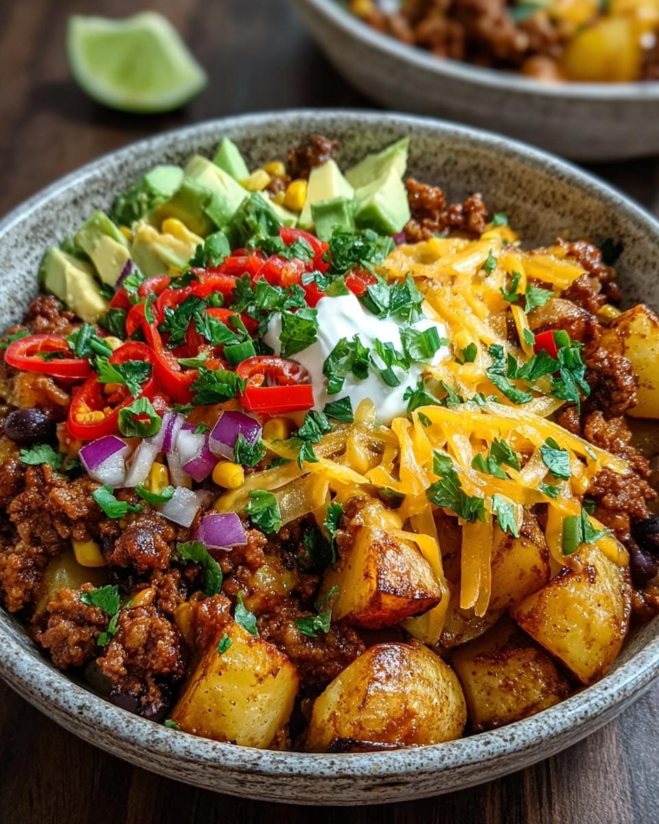 Close-up of a Loaded Southwest Potato Bowl with seasoned ground beef, potatoes, avocado, corn, chili peppers, and cheese.