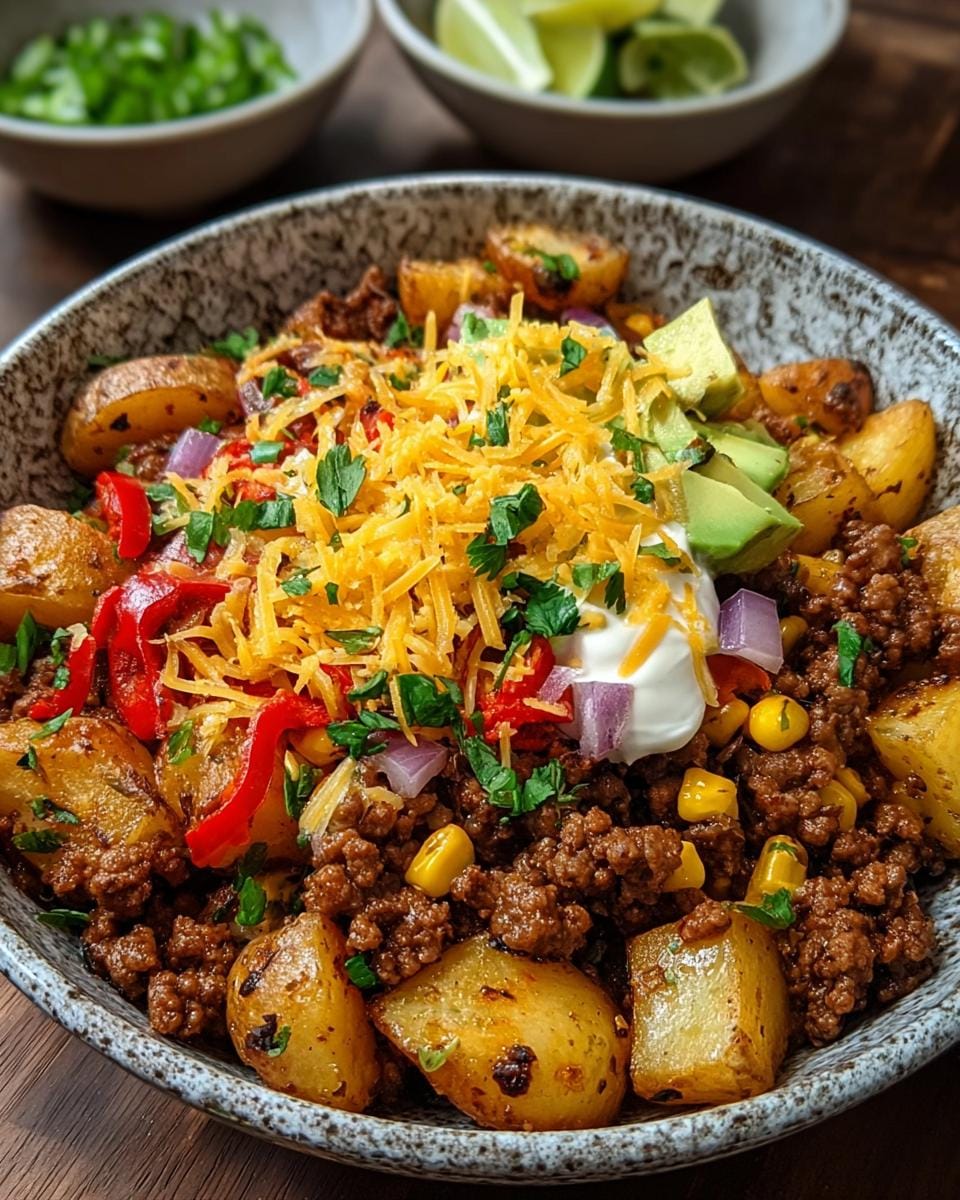A close-up of Loaded Southwest Potato Bowls featuring roasted potatoes, seasoned ground beef, corn, red peppers, avocado, cheese, and sour cream.