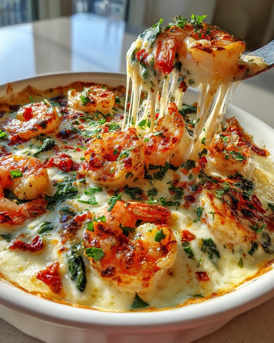 A serving spoon lifts a portion of cheesy Low-Carb Tuscan Bake Shrimp, showing gooey cheese strands and perfectly cooked shrimp.
