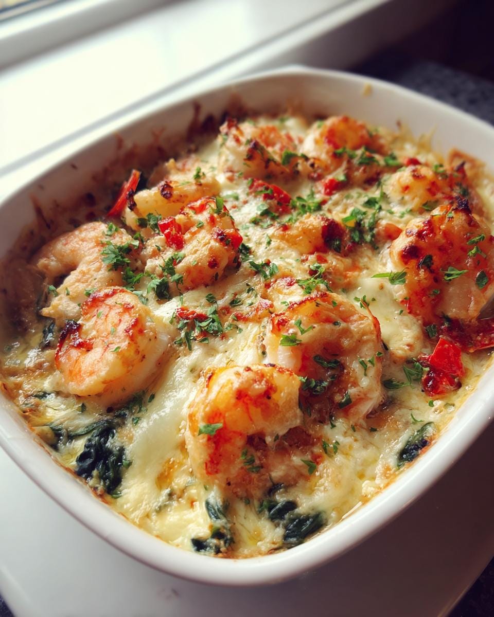 Close-up of a Low-Carb Tuscan Bake Shrimp dish, bubbling with melted cheese and topped with fresh parsley.