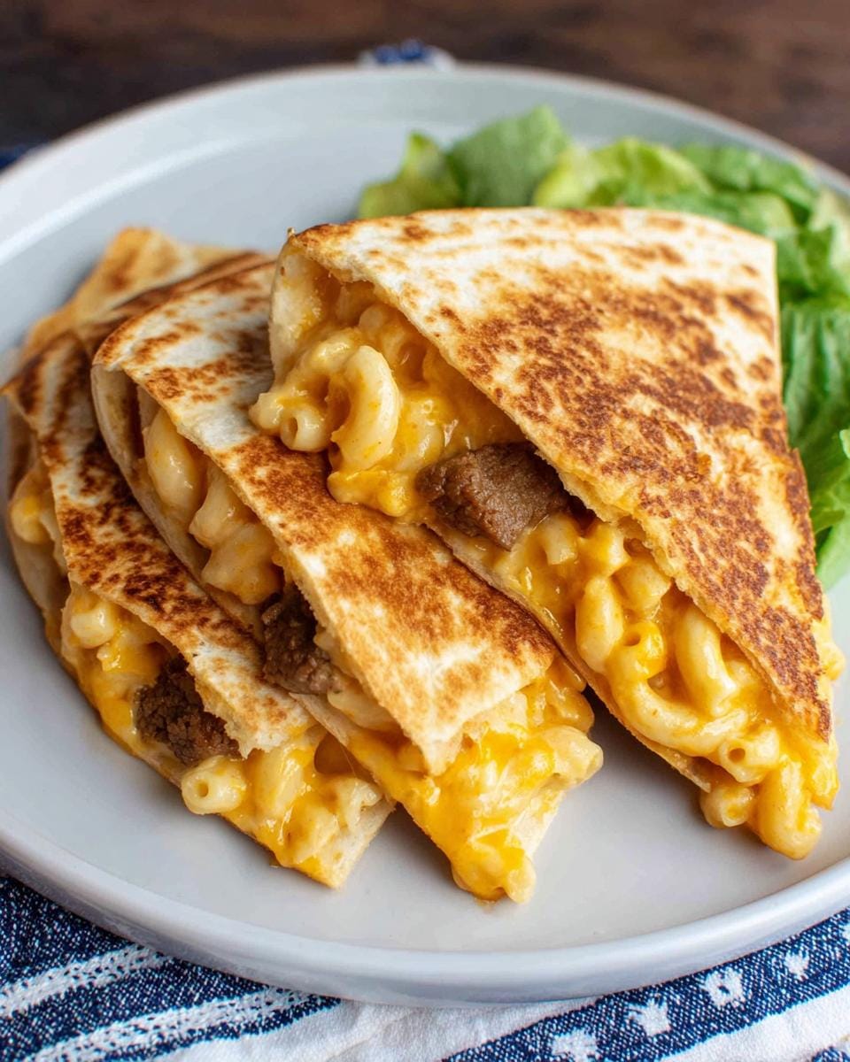 Close-up of a Mac and Cheese Quesadilla cut into wedges, showing gooey cheese, pasta, and beef.